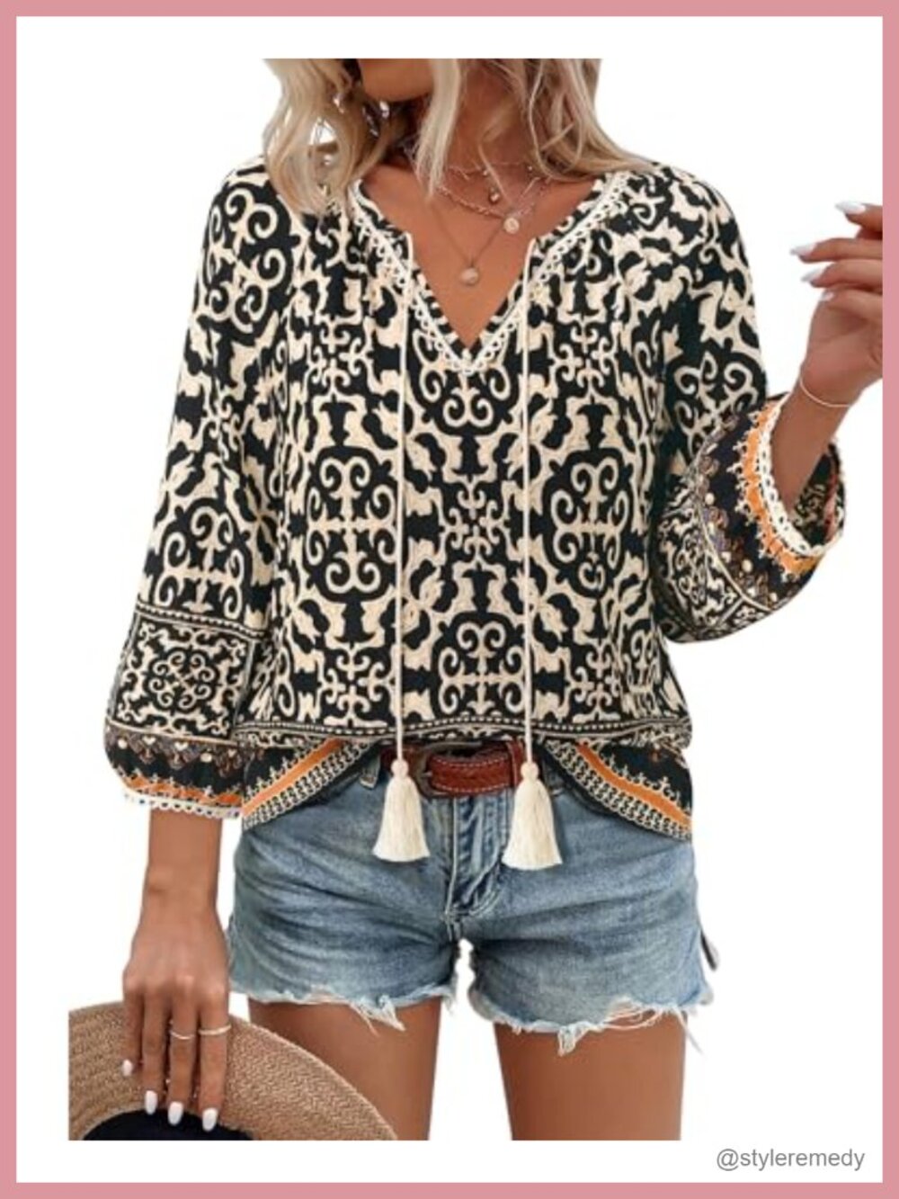 Womens Boho Floral Print Blouse V Neck 3/4 Sleeve Tie Front Peasant Top